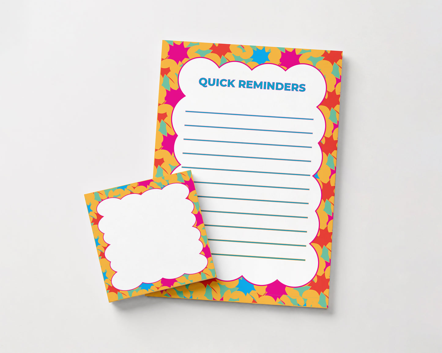 Bright floral "Quick Reminders" notepad and matching sticky notes featuring colorful pink, orange, yellow, and blue patterned borders for organizing daily tasks and reminders.
