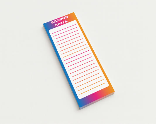 Colorful notepad with 'RANDOM NOTES' text on a white background