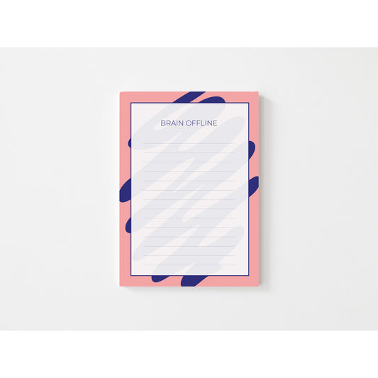 Notepad with a pink border and blue abstract patterns on a white background