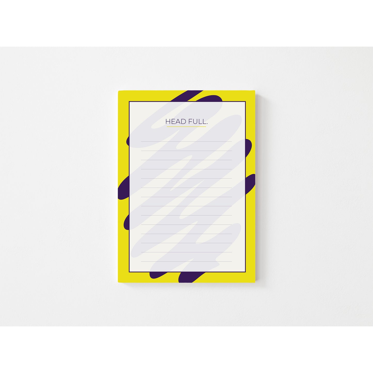 Notepad with a yellow frame and purple abstract design on a white background