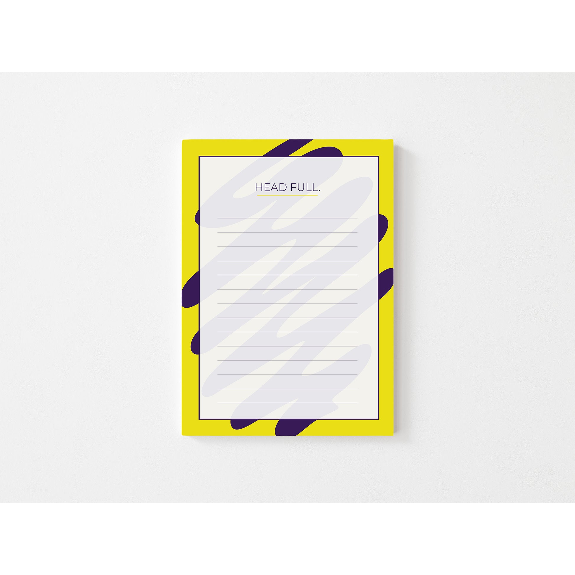 Notepad with a yellow frame and purple abstract design on a white background