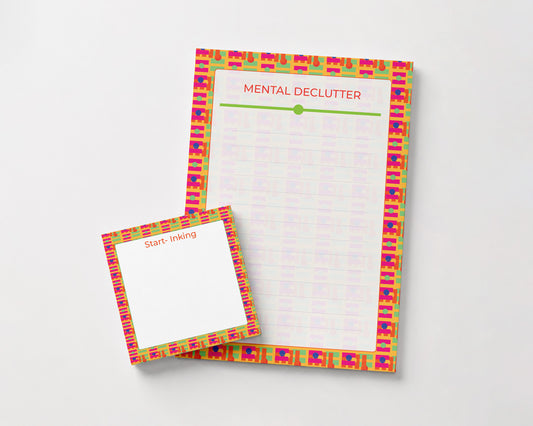 A notepad set with a colorful patterned border on a light gray background. The larger pad is titled 'MENTAL DECLUTTER' with a lined writing area, and the smaller matching pad in front is labeled 'Start: inking'.
