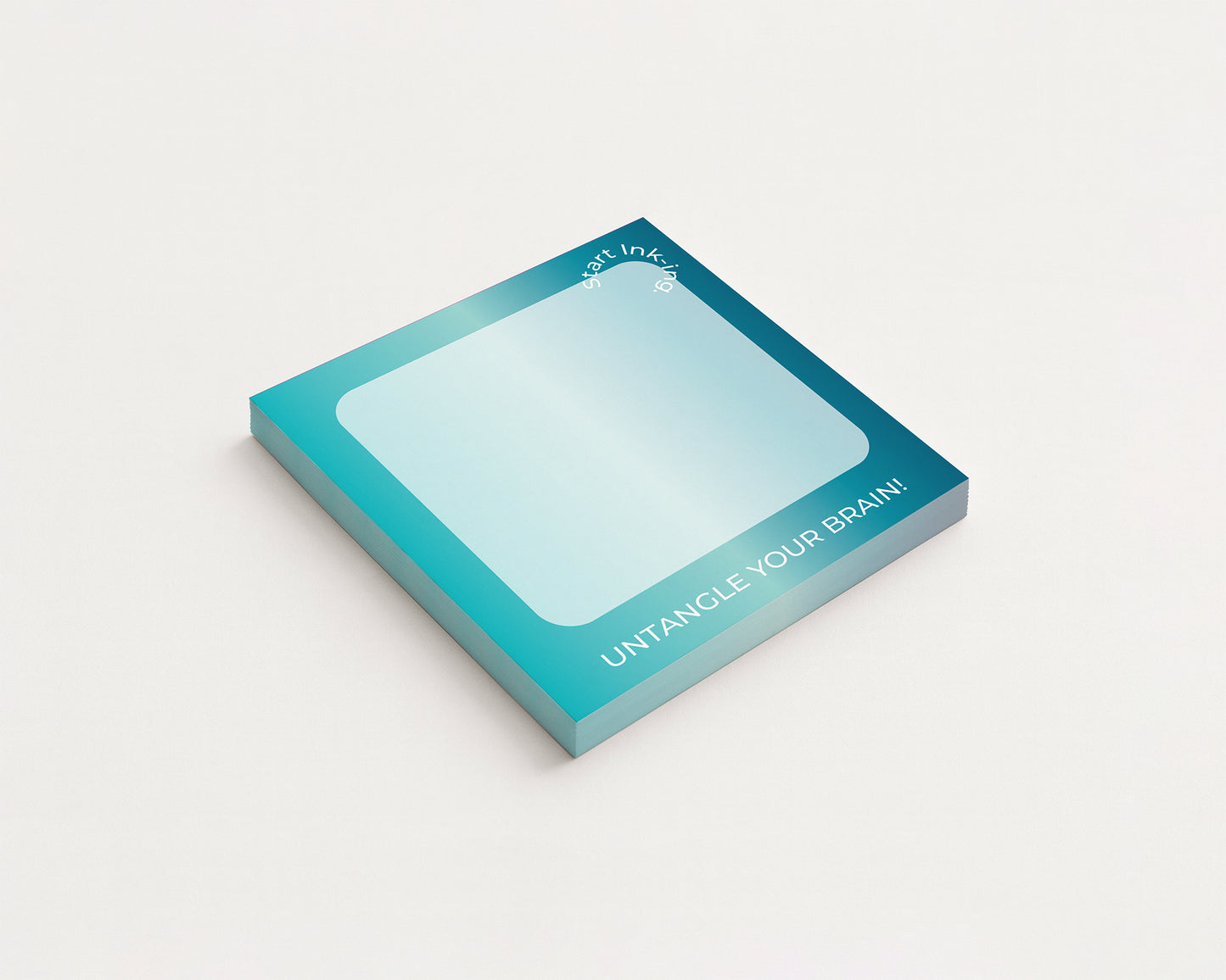A square teal and light blue box with a large blank white rectangle on the top, angled on a clean white background. The box has the text 'untangle your brain!' and 'set inc.