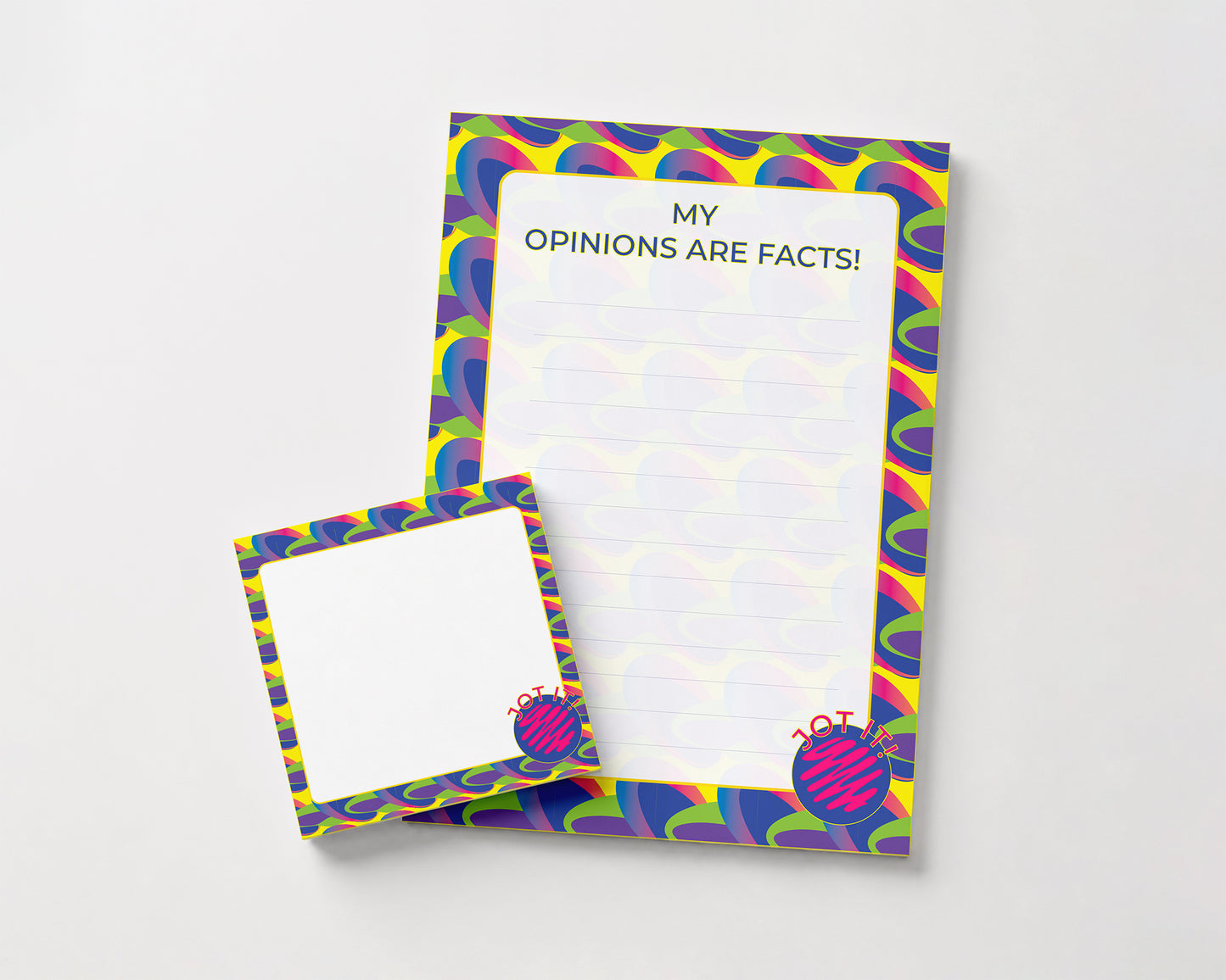A colorful notepad set on a light gray background, featuring a larger memo pad with the text 'MY OPINIONS ARE FACT!' and a smaller matching sticky note or label pad in front. The pads have a playful multicolor border with wavy lines in purple, blue, green, yellow, and orange, and a small ladybug illustration in the lower right corner.
