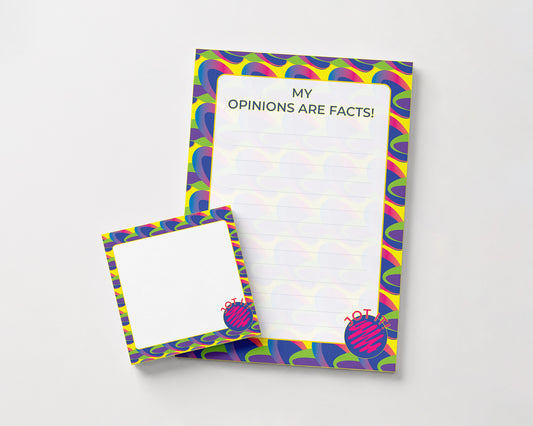 A colorful notepad set on a light gray background, featuring a larger memo pad with the text 'MY OPINIONS ARE FACT!' and a smaller matching sticky note or label pad in front. The pads have a playful multicolor border with wavy lines in purple, blue, green, yellow, and orange, and a small ladybug illustration in the lower right corner.