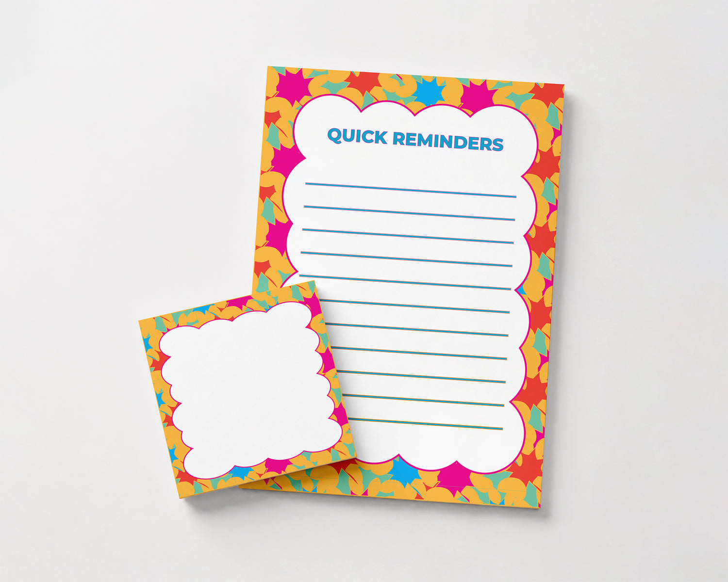 Bright floral "Quick Reminders" notepad and matching sticky notes featuring colorful pink, orange, yellow, and blue patterned borders for organizing daily tasks and reminders.